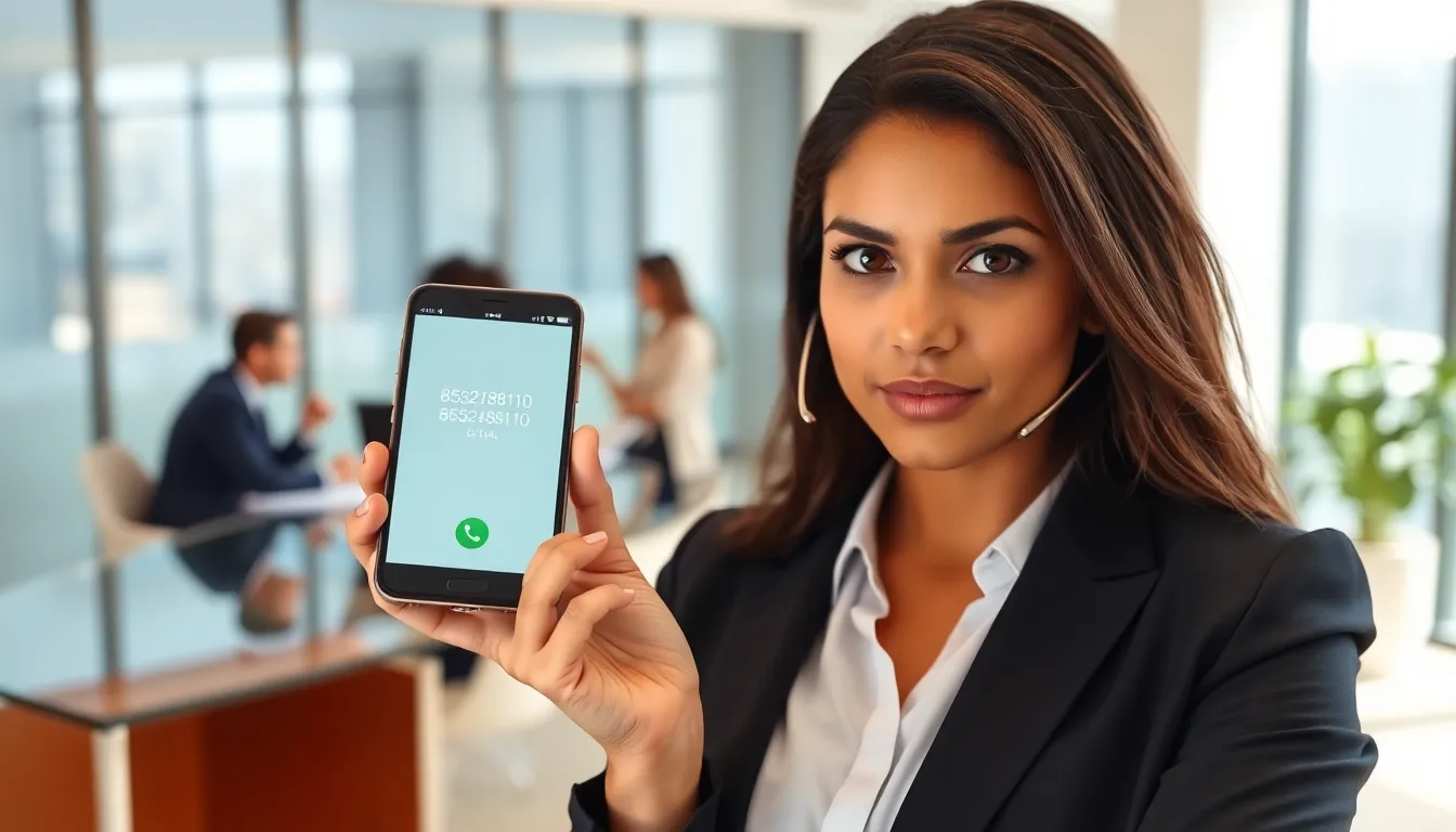 businessperson receiving a call from the number 8552128110 in an office.