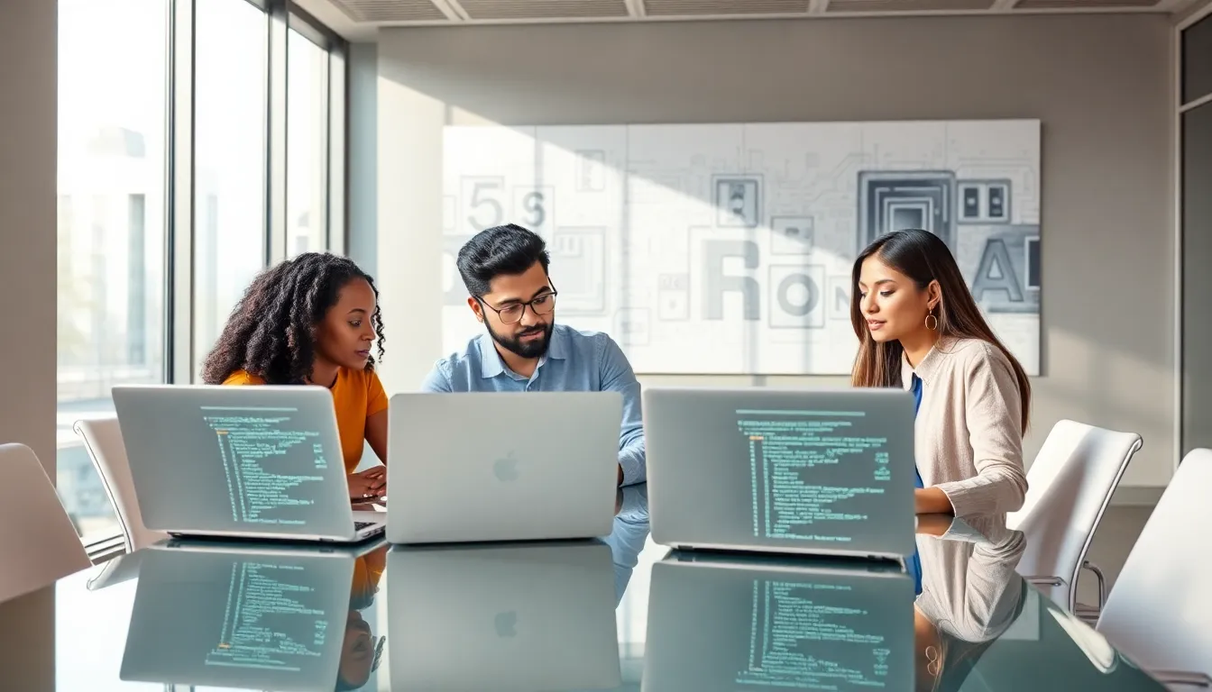 diverse team discussing data innovation in a modern office.